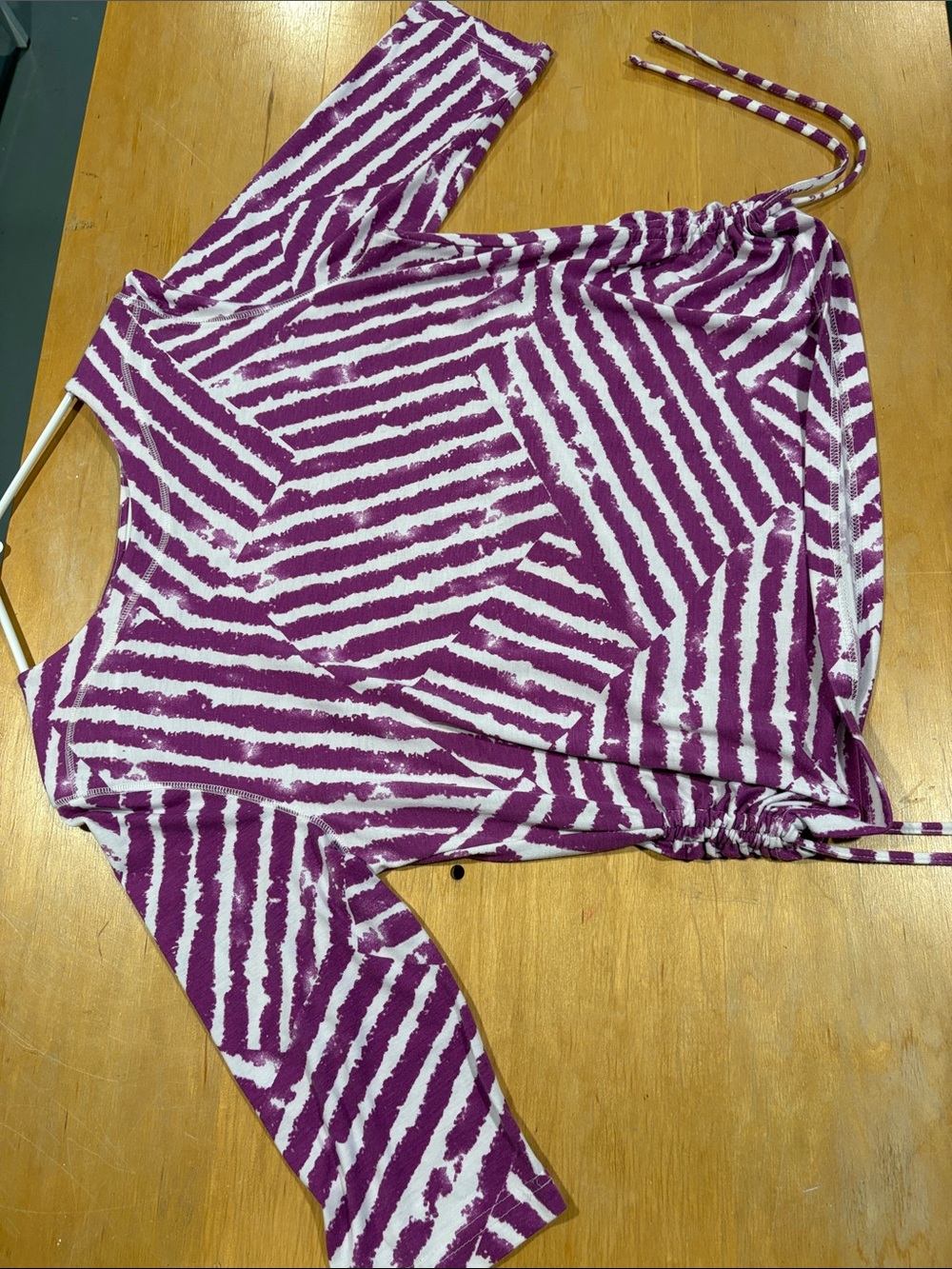 Striped Purple & White Drawstring Sleeve Tunic Top